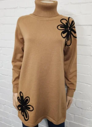 UNTUCKit Tops & Cardigans*Anonymous Flower Print Turtle Neck Tunic Jumper Tan