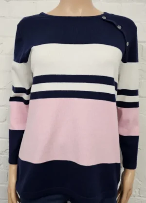 UNTUCKit Tops & Cardigans*Claudia C Wide Stripe Round Neck 3/4 Sleeve Jumper Navy-Pink