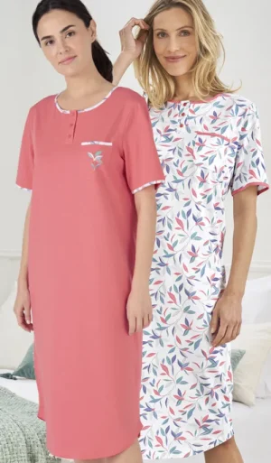 UNTUCKit Nightdresses*Damart Pack Of 2 Short Sleeve 100% Cotton Nightdresses Coral