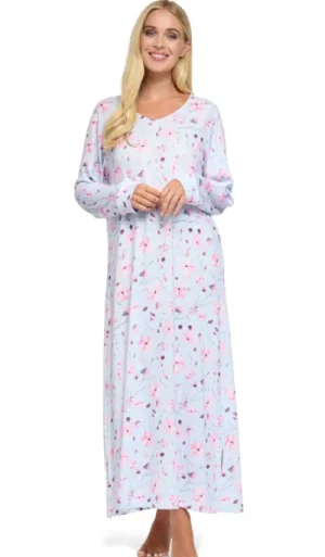 UNTUCKit Nightdresses*La Marquise Floral Reflections Jersey Long Sleeve Longer Length Nightdress Blue