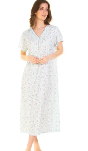 UNTUCKit Nightdresses*La Marquise Pleated Susan Cotton Rich Long Length Short Sleeve Nightdress Aqua