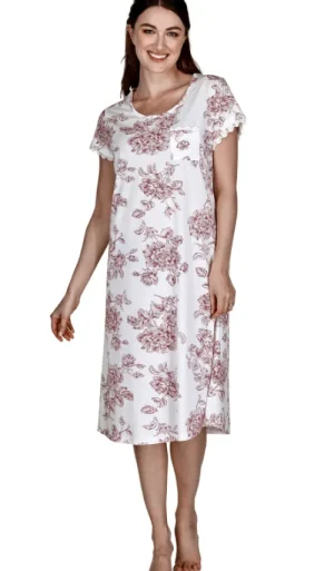 UNTUCKit Nightdresses*La Marquise Vintage Bouquet Cotton Rich Short Sleeve Nightdress Burgundy