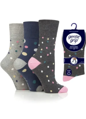 UNTUCKit Socks*Ladies 3 Pair Pack Of Gentle Grip Socks Dots Navy/Grey Blue - Grey