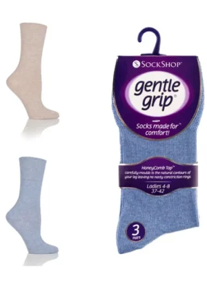 UNTUCKit Socks*Ladies 3 Pair Pack Of Gentle Grip Socks In Denim, Blue, Beige Mixed