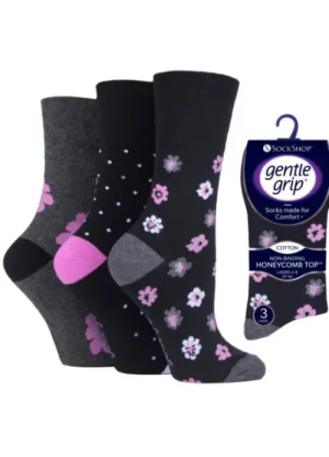 UNTUCKit Socks*Ladies 3 Pair Pack Of Gentle Grip Socks Floral Enchantment Grey/Black/Pink Dark Grey