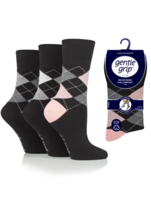 UNTUCKit Socks*Ladies 3 Pair Pack Of Gentle Grip Highlands Argyle Socks Black
