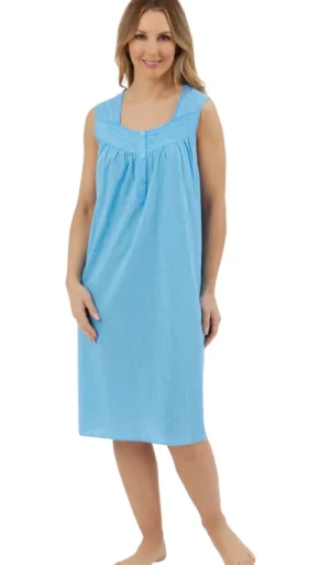 UNTUCKit Nightdresses*Marlon 100% Cotton Dobby Swiss Dot Woven Cotton Range With Lace Trim Sleeveless Nightdress Blue