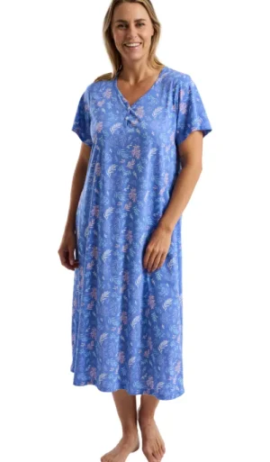 UNTUCKit Nightdresses*Marlon Autumn Leaf Print Short Sleeve Jersey Nightdress Blue