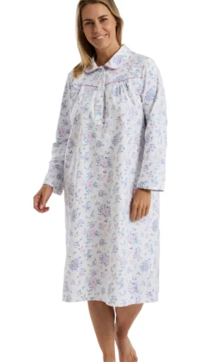 UNTUCKit Nightdresses*Marlon Floral Bouquet 100% Cotton Wincey Long Sleeve Nightdress Lavender
