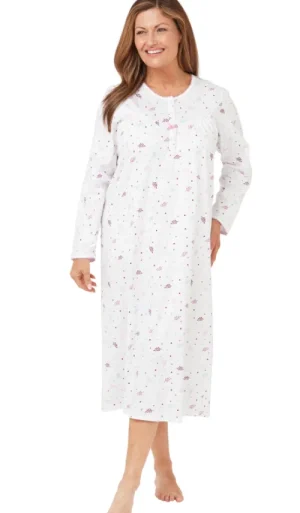 UNTUCKit Nightdresses*Marlon Spot & Leaf Long Sleeve Cotton Nightdress Pink