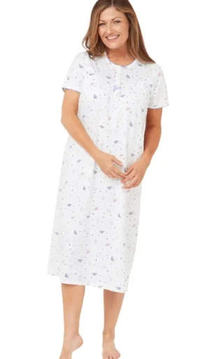 UNTUCKit Nightdresses*Marlon Spot & Leaf Short Sleeve Cotton Nightdress Blue