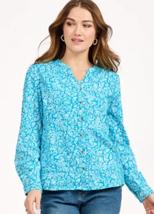 UNTUCKit Tops & Cardigans*Mudflower Leaf Print Mandarin Collar Blouse Blue