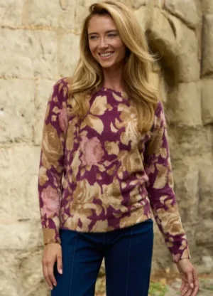 UNTUCKit Tops & Cardigans*Mudflower Mudflower Autumn Rose Print Fluffy Jumper Wine
