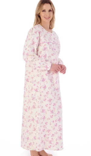 UNTUCKit Nightdresses*Slenderella Floral Long Sleeve Brushed Cotton Nightdress Cream