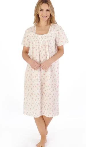 UNTUCKit Nightdresses*Slenderella Pretty Floral Cotton Dobby Short Sleeve Nightdress Ivory