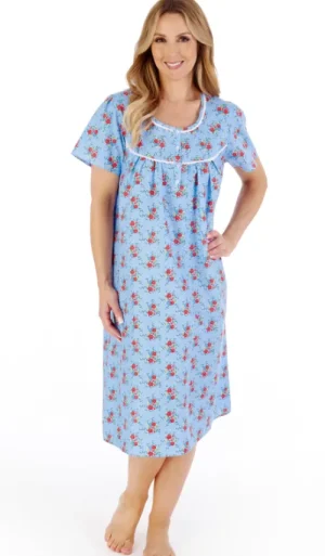 UNTUCKit Nightdresses*Slenderella Woven Cotton Pretty Flowers Short Sleeve Nightdress Blue