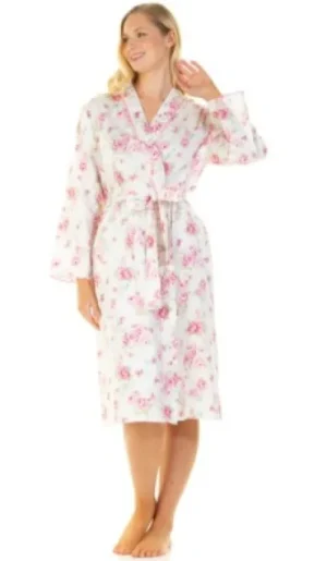 UNTUCKit Housecoats*Sue Marks 100% Luxury Combed Cotton Roses Woven Wrap Robe Pink