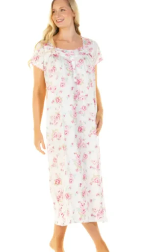 UNTUCKit Nightdresses*Sue Marks Luxury 100% Combed Cotton Roses Woven Long Length Short Sleeve Nightdress Pink