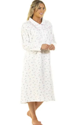 UNTUCKit Nightdresses*Sue Marks Pure Cotton Floral Flannel Long Sleeve Wincyette Nightdress Ivory